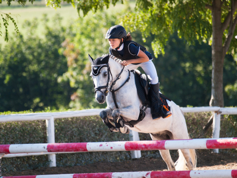 Flicka hoppar över ett hinder med sin häst