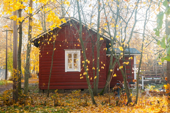 Fritidshus med höstgula träd utanför