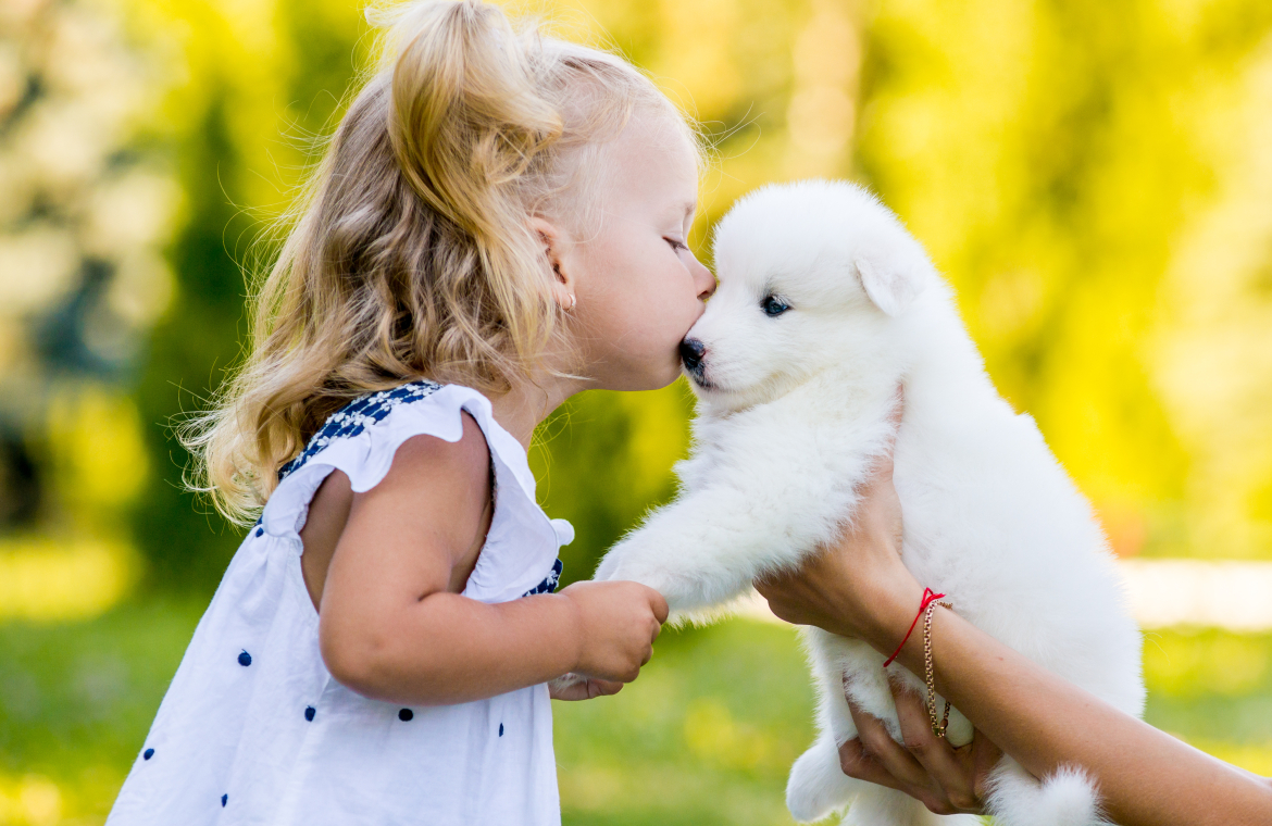 Liten flicka pussar på hundvalp